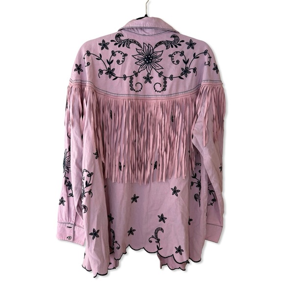 Free People Great Plains Fringe Denim Top Lilac Embroidered western shirt L - Picture 4 of 8